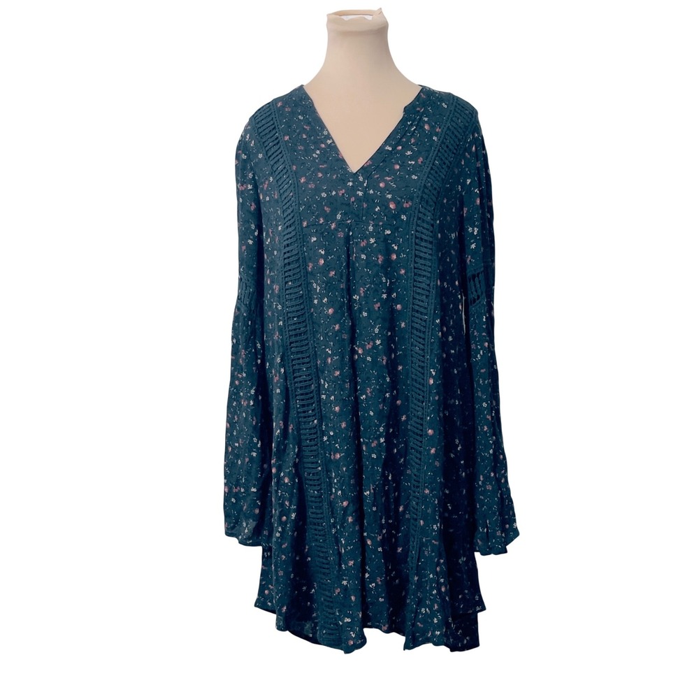 Knox Rose Women Teal Floral Crochet Bell Sleeve Boho Cottagecore Dress Size M